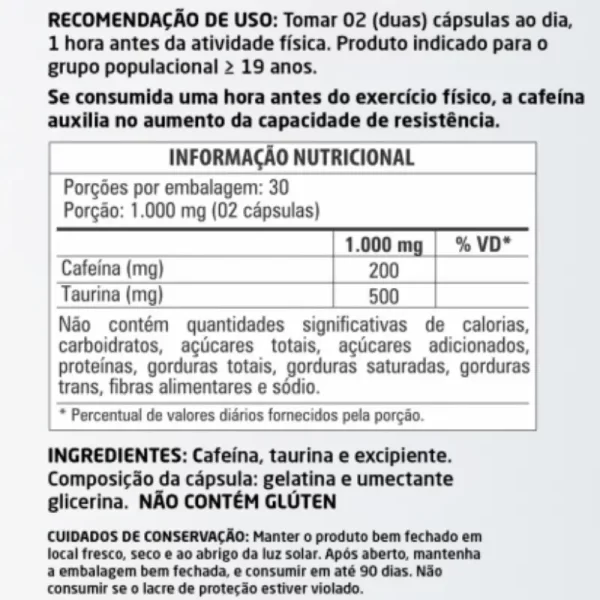 Cafeína com Taurina - 60 Cápsulas de 500mg - Image 2