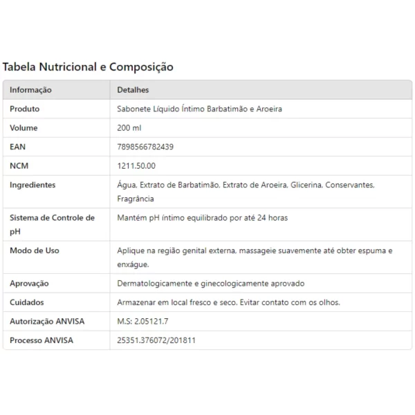 Sabonete Íntimo Barbatimão e Extrato de Aroeira 200ml - Image 2